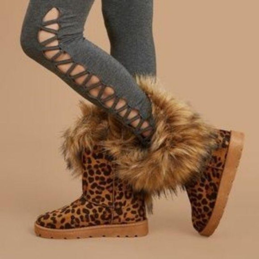 Asymmetrical Faux Fur Pull On Boots in Leopard - Picture 6 of 9